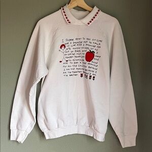 White Teacher Sweatshirt with Red Apple Embroidery